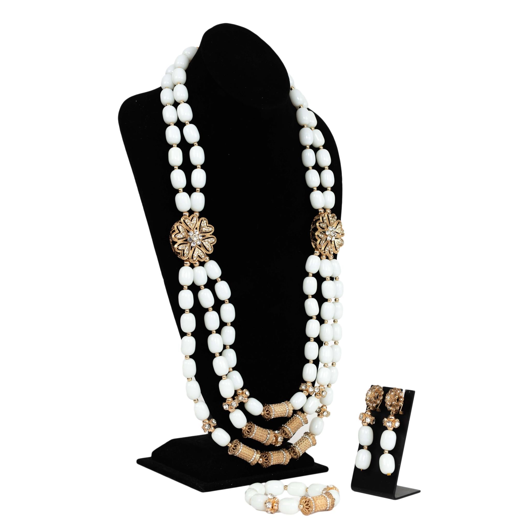 White & Gold Beaded Statement Jewelry Set (Necklace, Bracelet, Earrings)