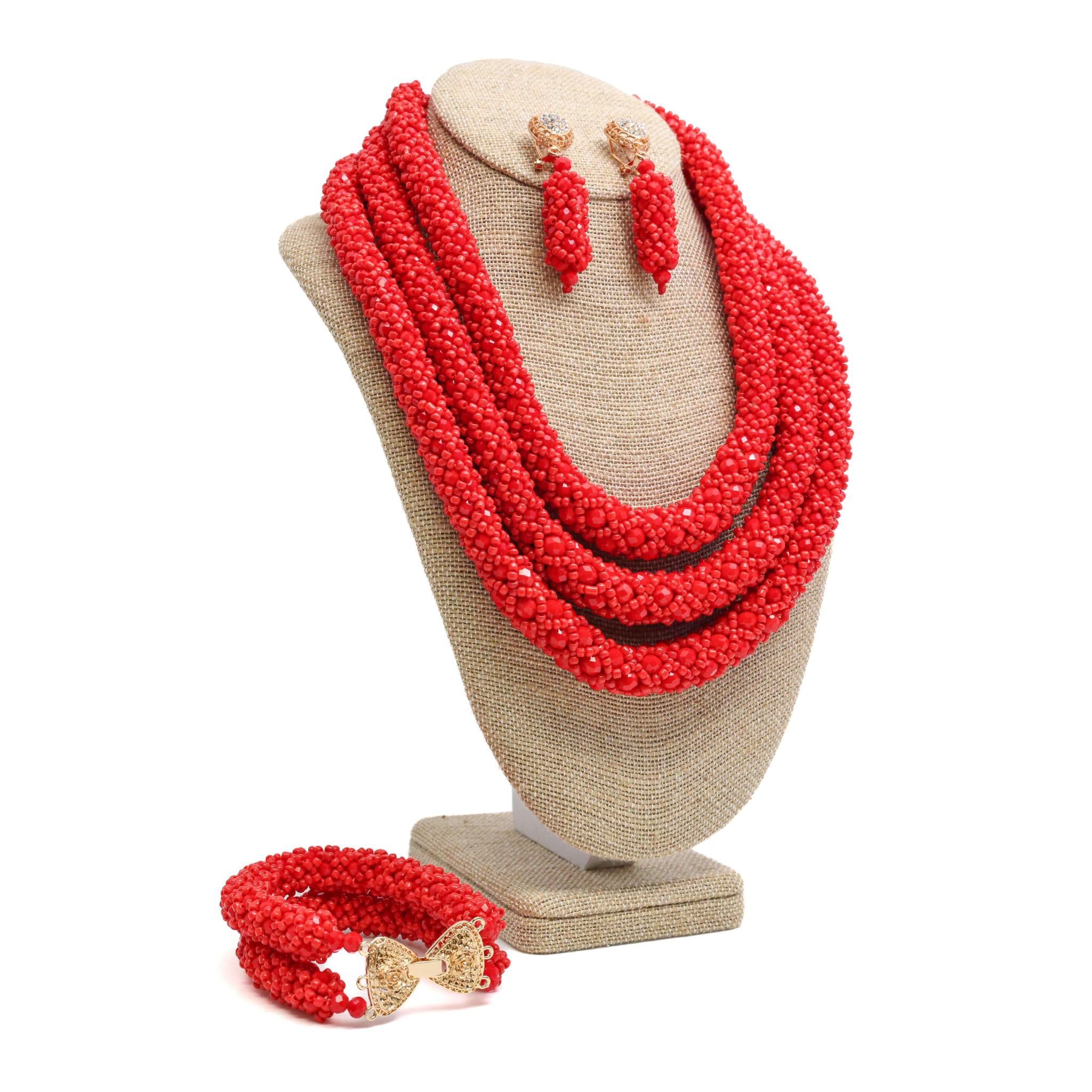 Crimson Tide: Multi-Strand Red Beaded Jewelry Set