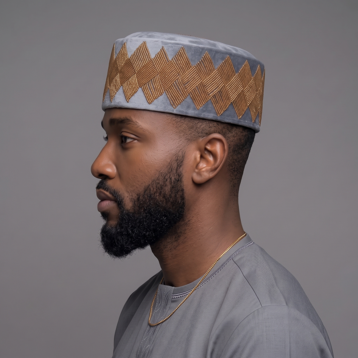 Hand-Beaded Nigerian Grey & Gold Velvet Cap