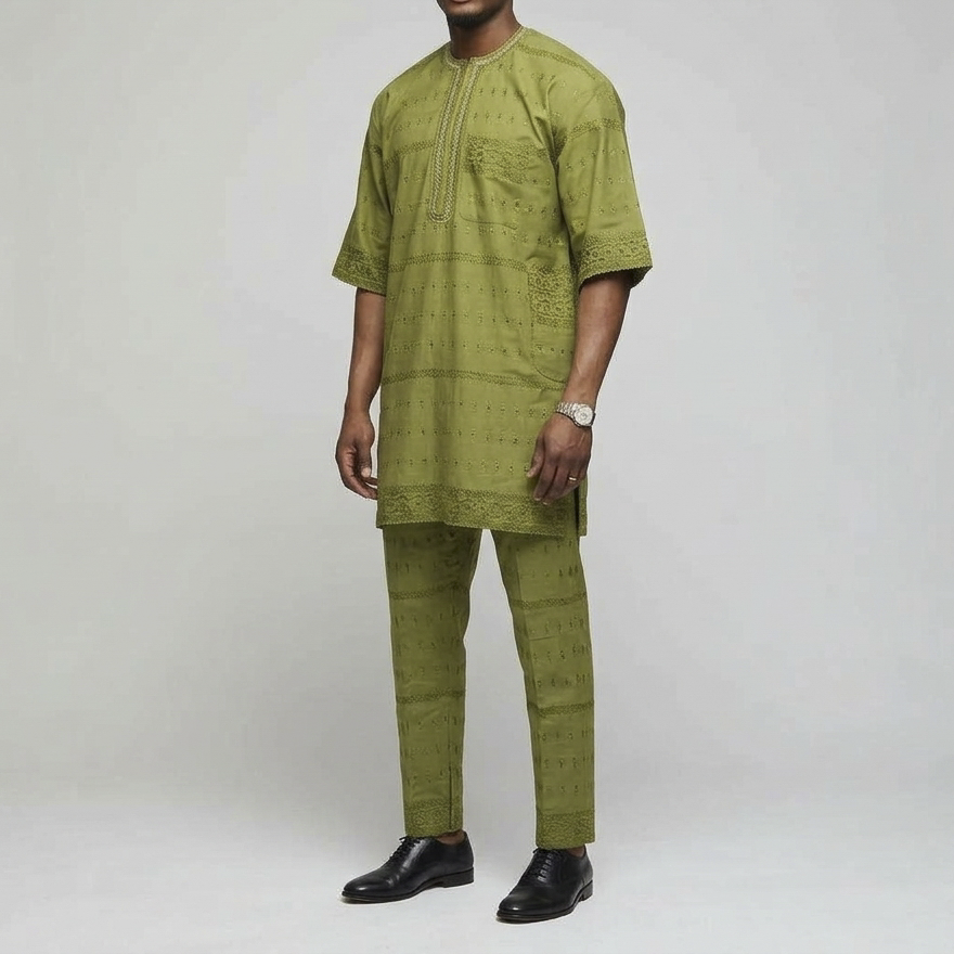 Olive Green Eyelet Lace Buba & Sokoto Set