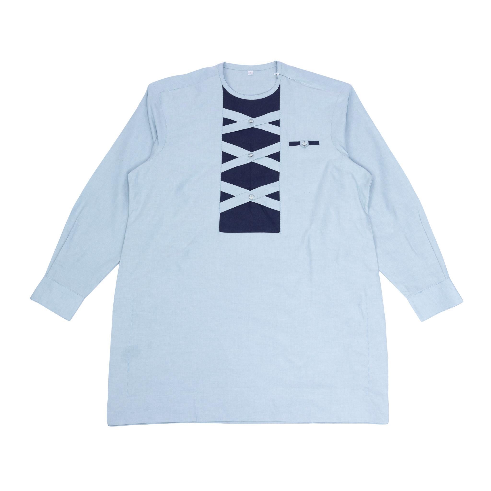 Sky Blue Lattice Panel Men's Linen Senator Set