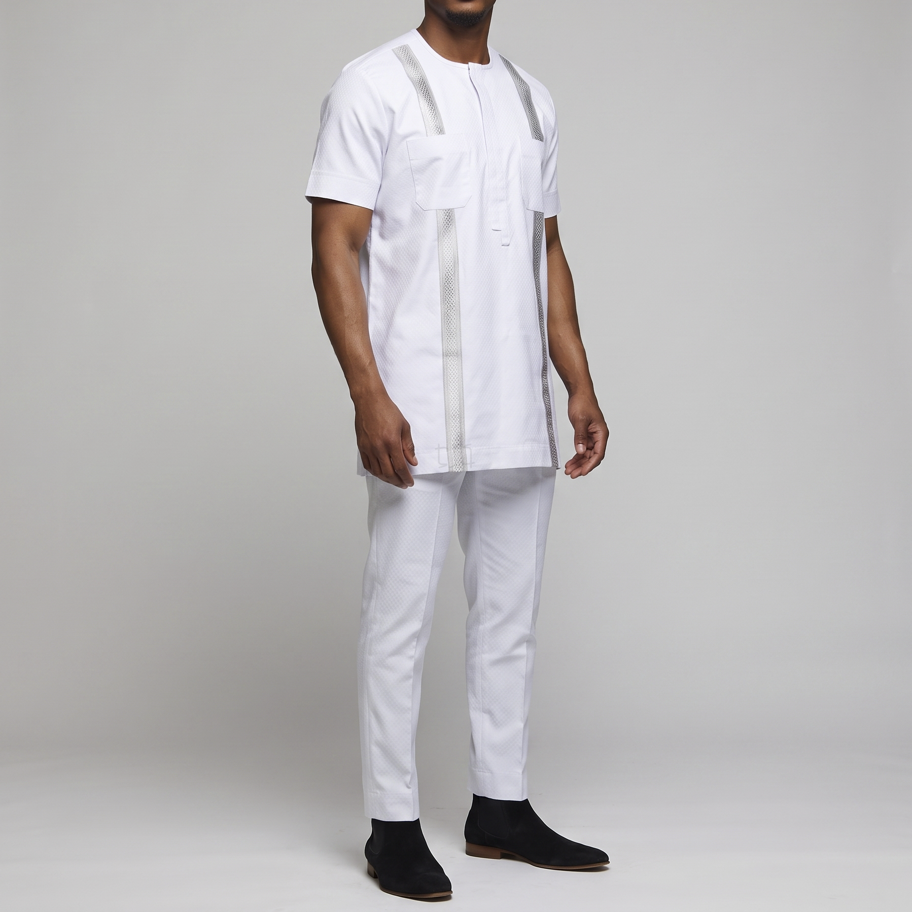 White And Sliver Short Sleeve Men's Set