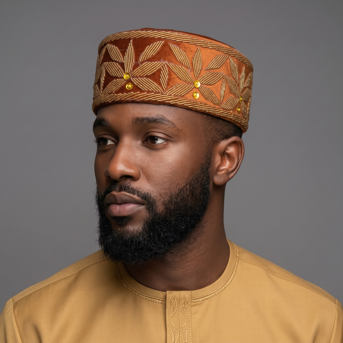 Handcrafted Copper Rust Velvet Beaded Cap with Gold Floral Motif