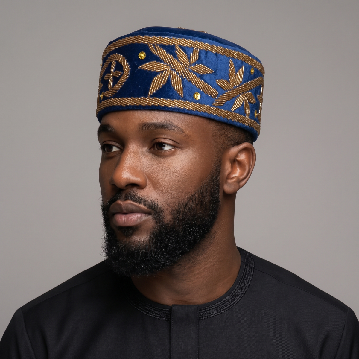 Hand-Beaded Nigerian Blue & Gold Velvet Cap