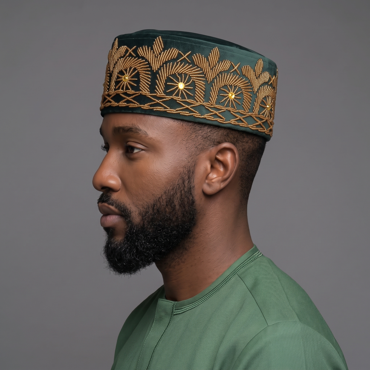 Hand-Beaded Nigerian Green Velvet Cap