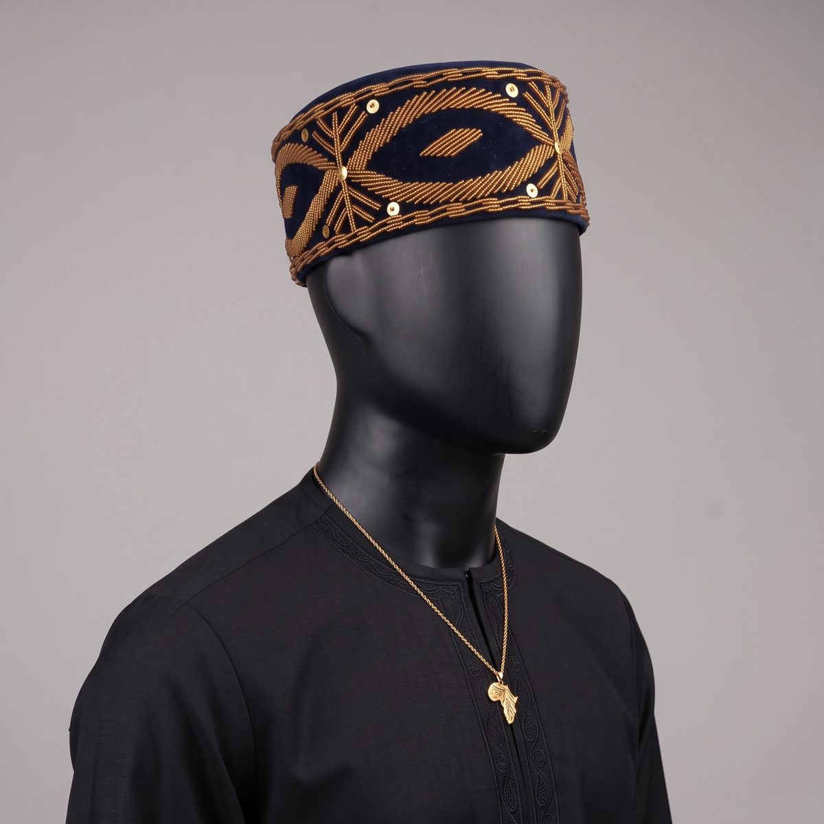 Handcrafted Midnight Navy Velvet Cap with Geometric Gold Beadwork & Sequins