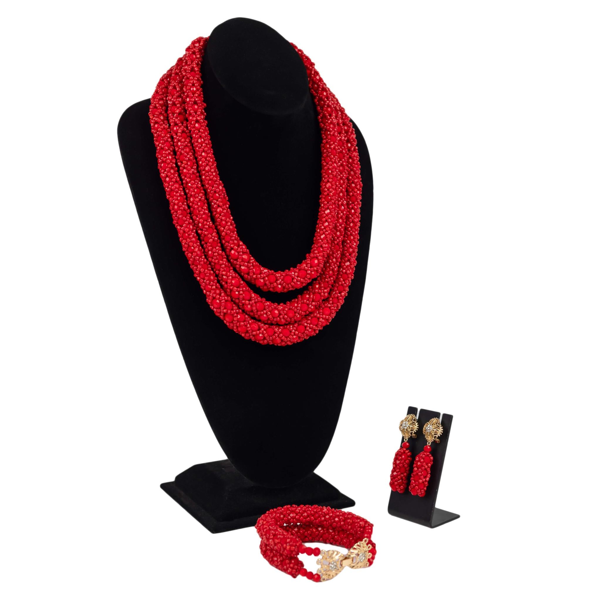 Crimson Tide: Multi-Strand Red Beaded Jewelry Set