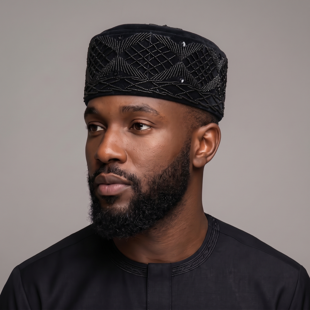 Onyx Black Velvet Cap with Tonal Geometric Beadwork
