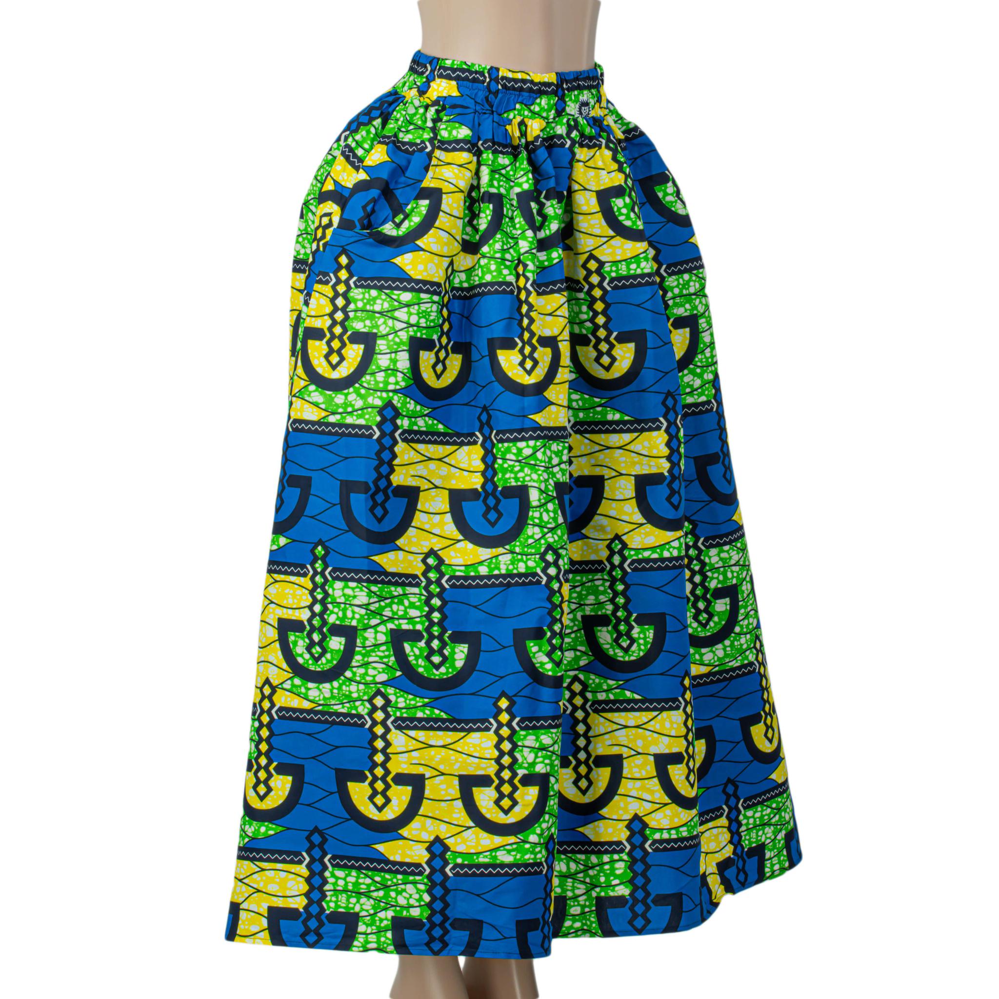 Handmade Blue Multi Ankara Print Midi Skirt