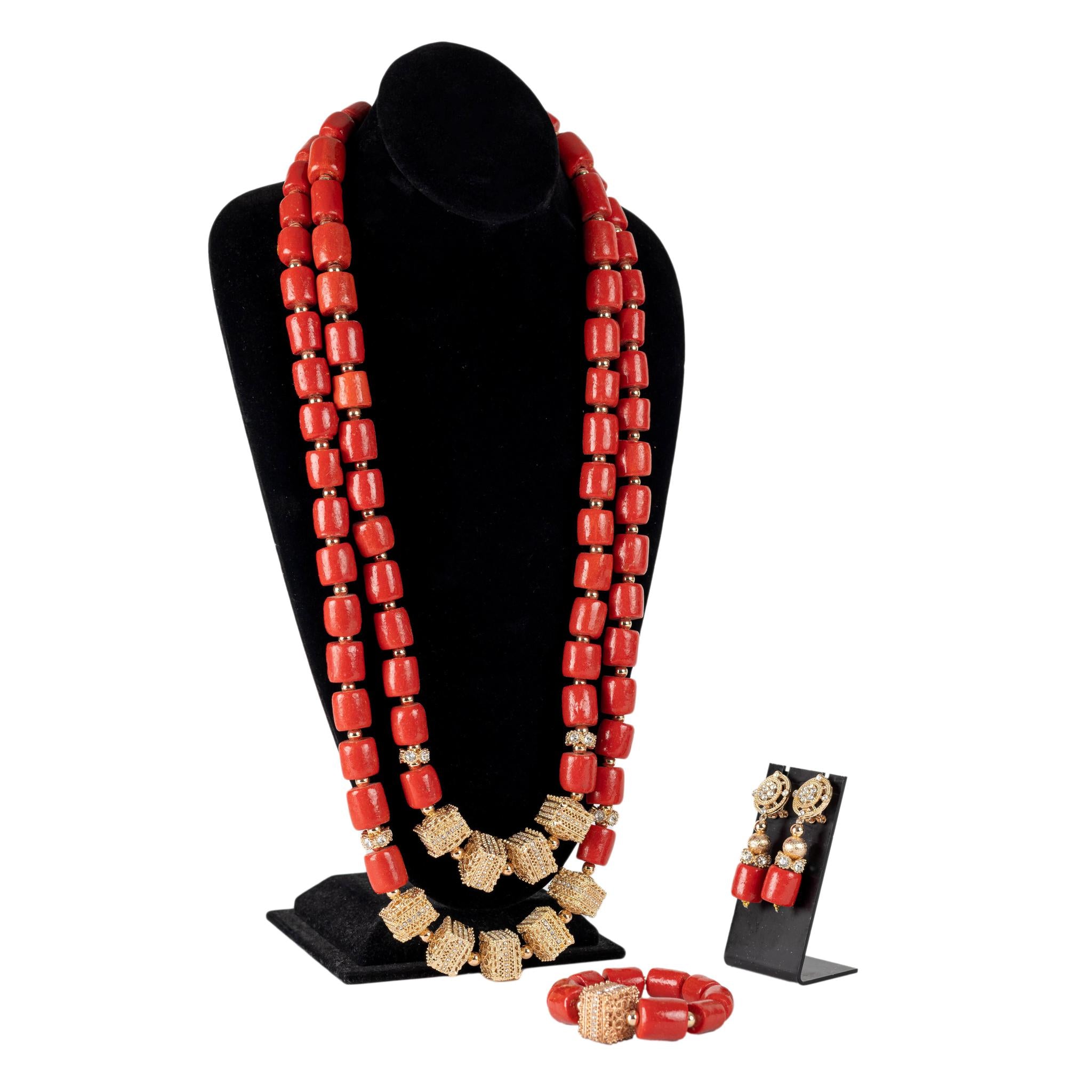 Red Coral-Style Three Layers Jewelry Set