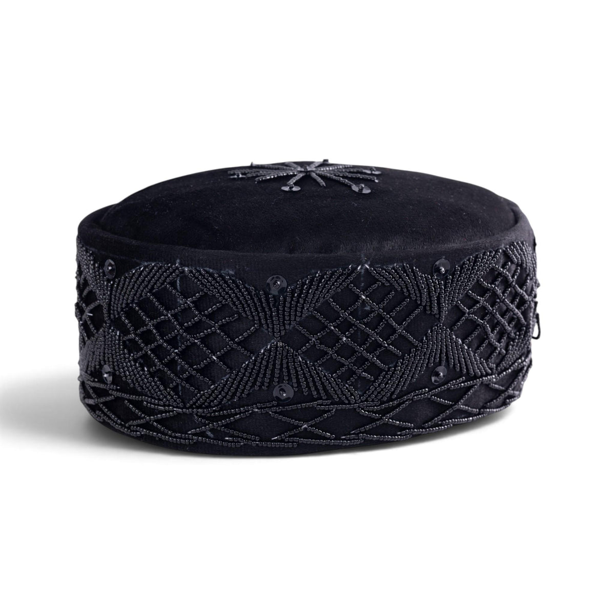 Onyx Black Velvet Cap with Tonal Geometric Beadwork