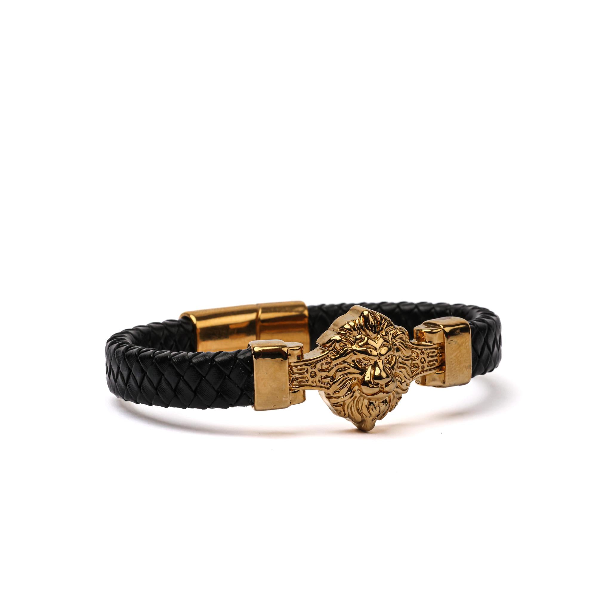 Gold Lion Head Braided Leather Bracelet