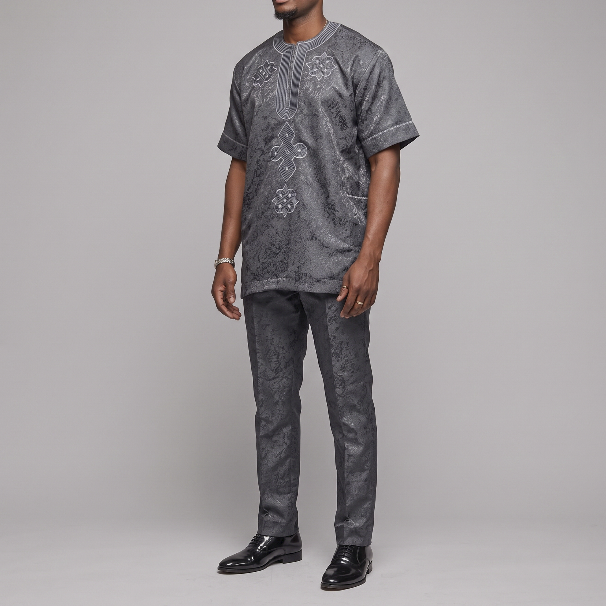 Regal Charcoal Grey Damask Embroidered Senator Suit