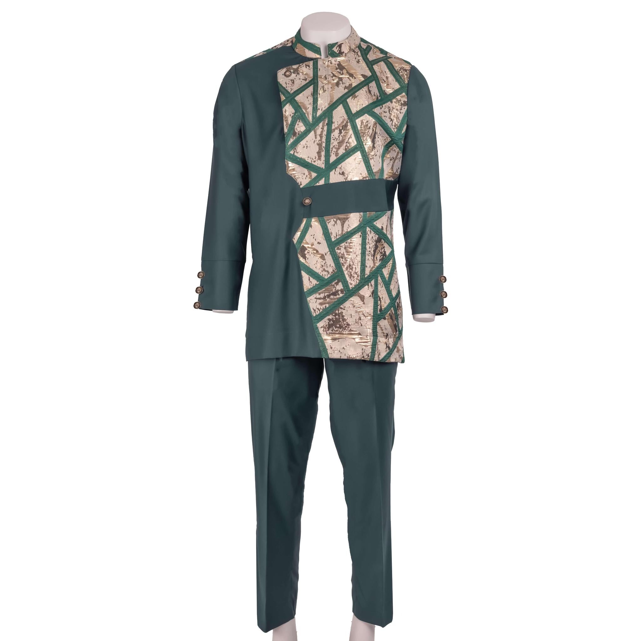 Green and Gold Mandarin Collar with Brocade Pant Set