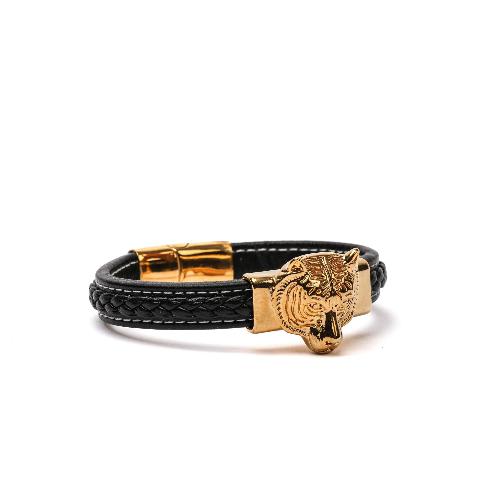 Gold Tiger Head Braided Leather Bracelet
