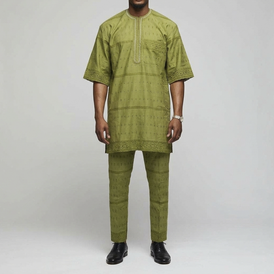 Olive Green Eyelet Lace Buba & Sokoto Set