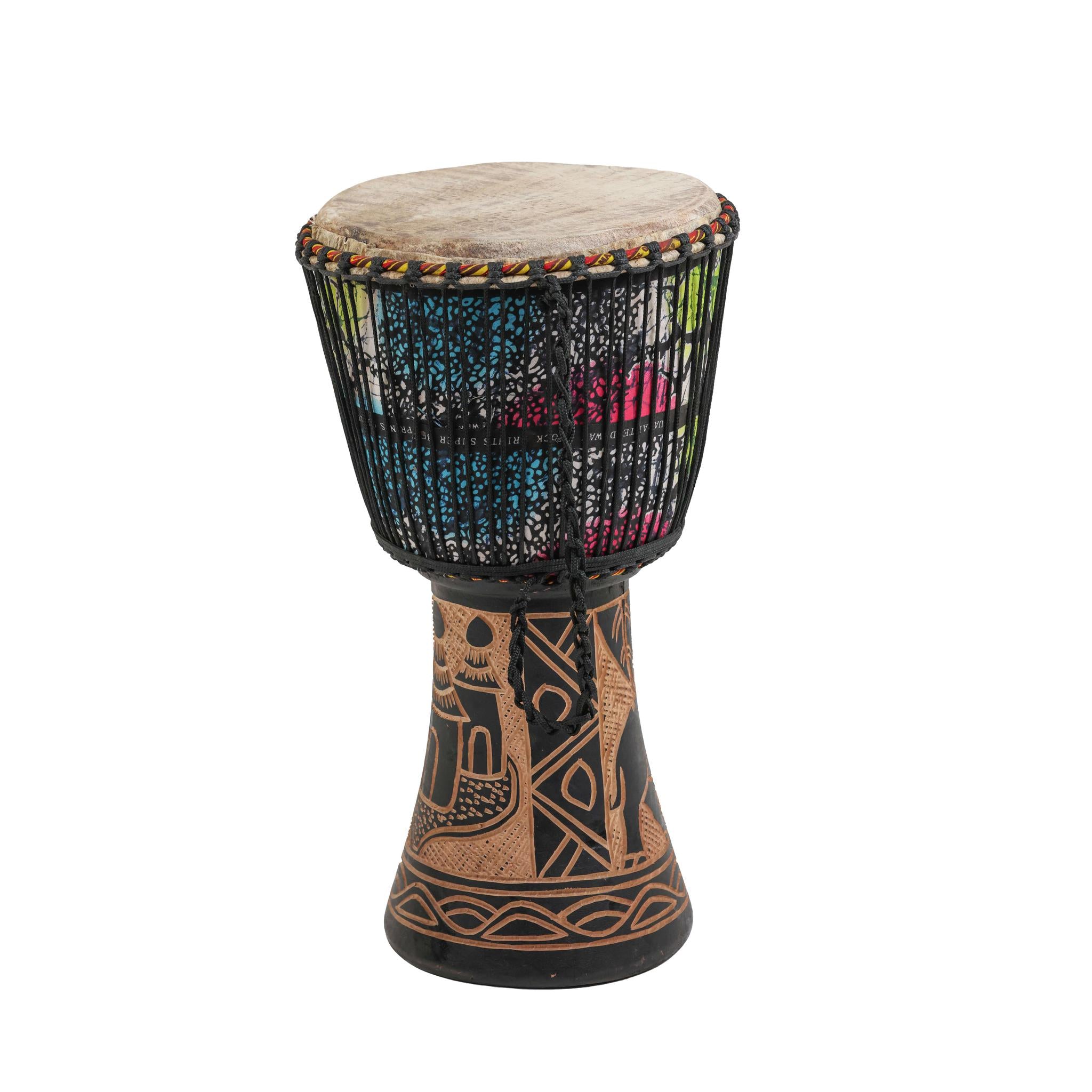 Adire Elephant Carving - Djembe Drum - Large