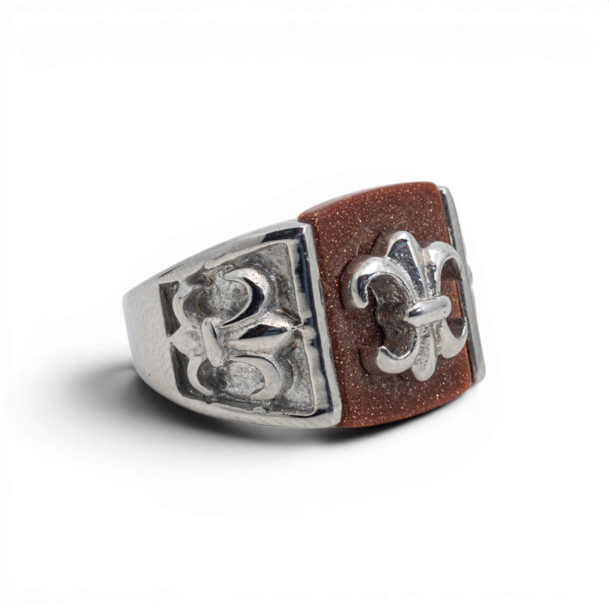 Silver-Tone Fleur-de-Lis Goldstone Signet Ring
