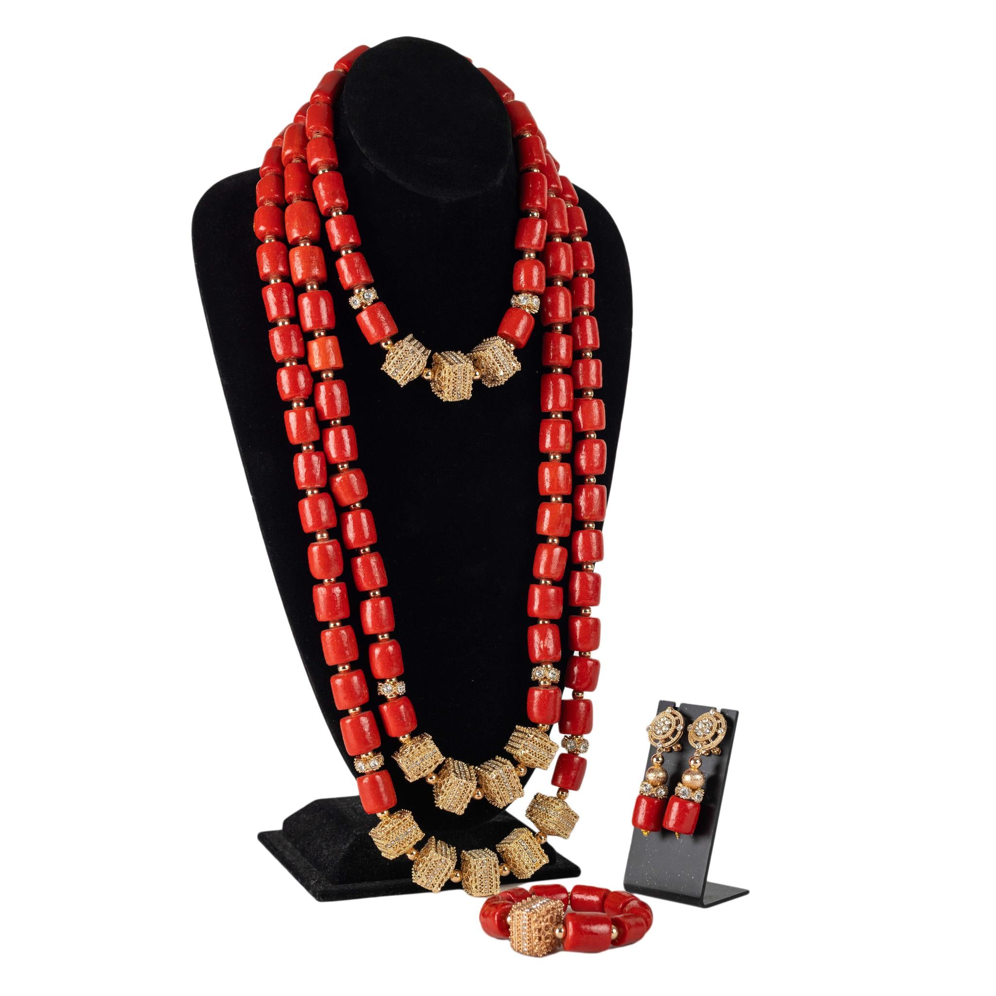 Red Coral-Style Three Layers Jewelry Set