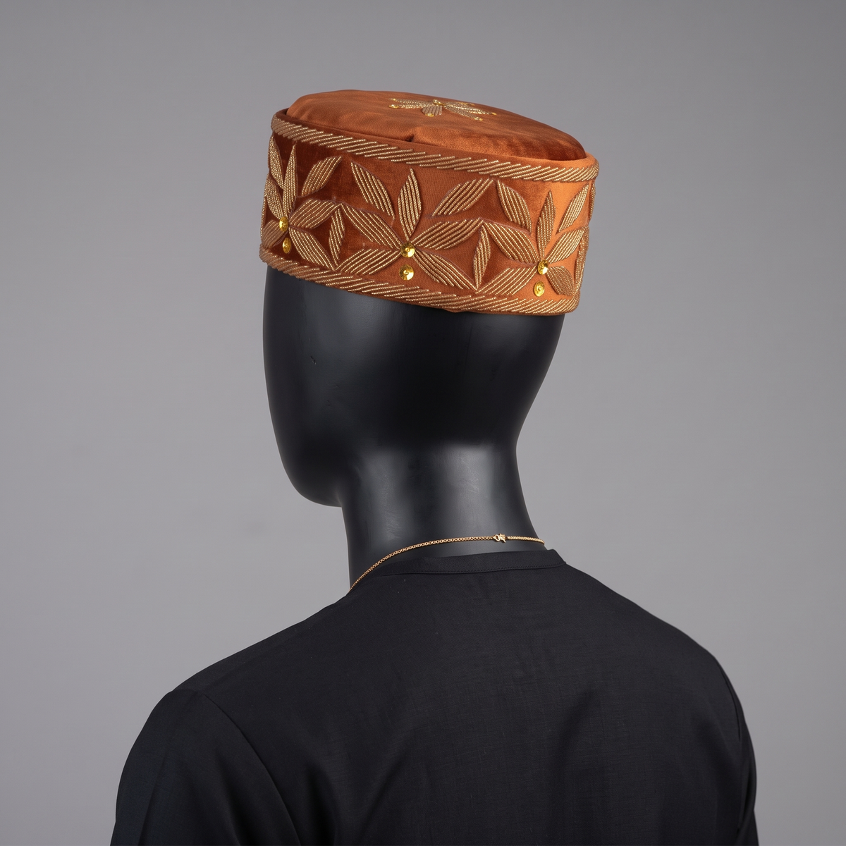 Handcrafted Copper Rust Velvet Beaded Cap with Gold Floral Motif