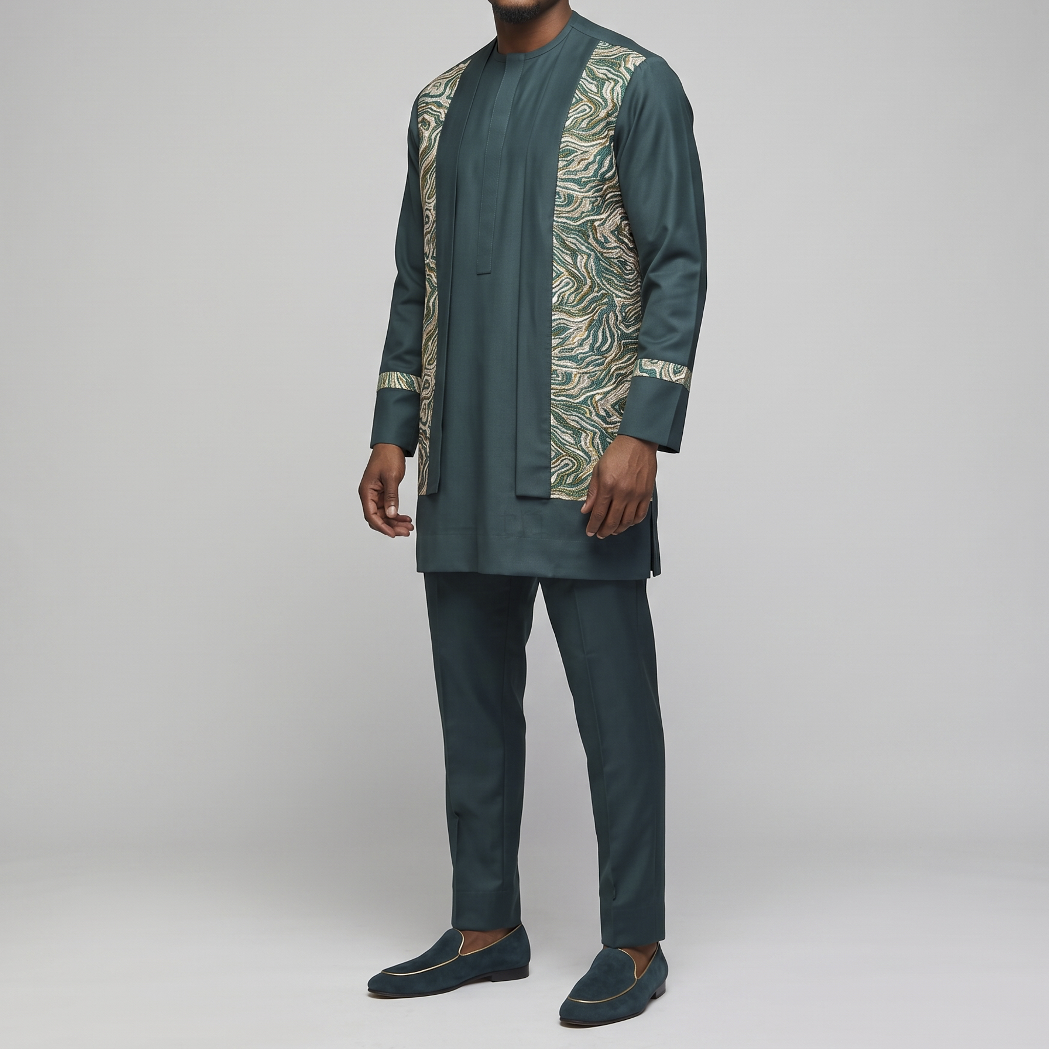 Green Brocade Panel Pant Set