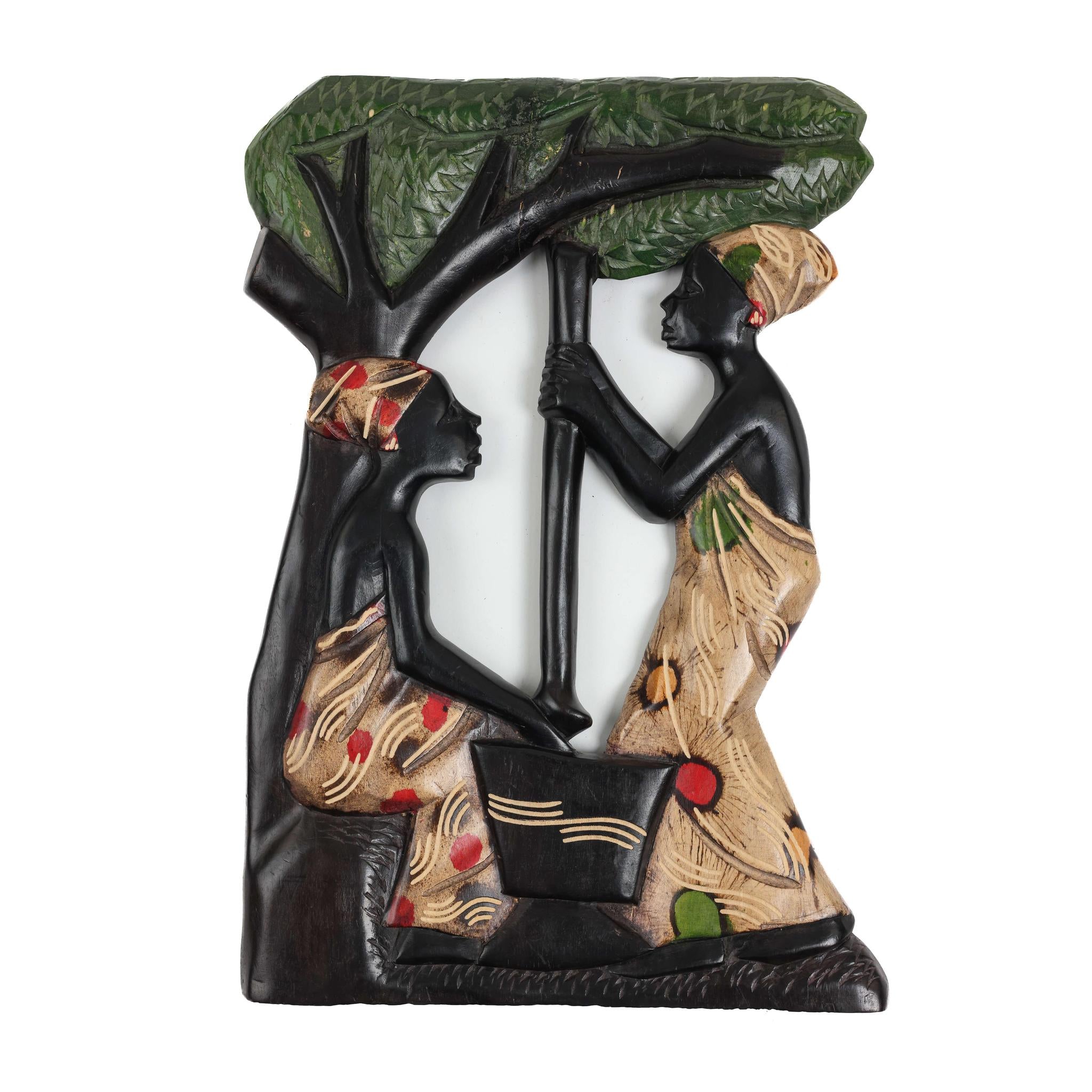 Hand-Carved Wall Art - African Women Pounding Fufu