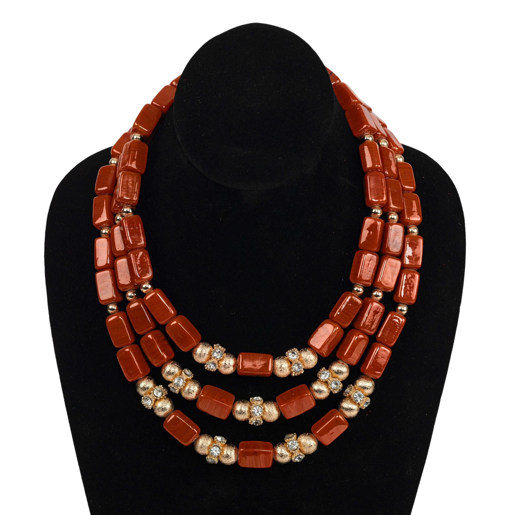 Ceramic Three Row Coral Bead Choker Women Set