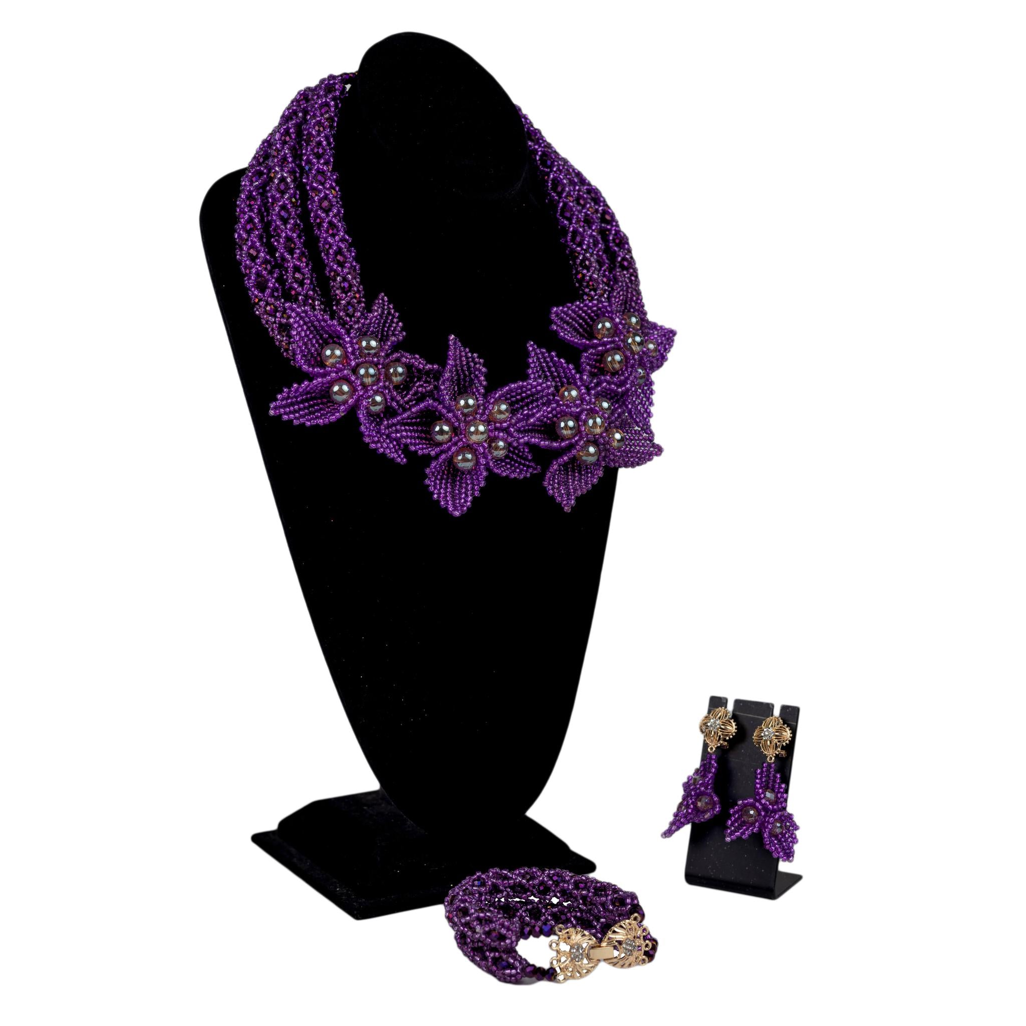 Purple Floral Beaded Necklace Set