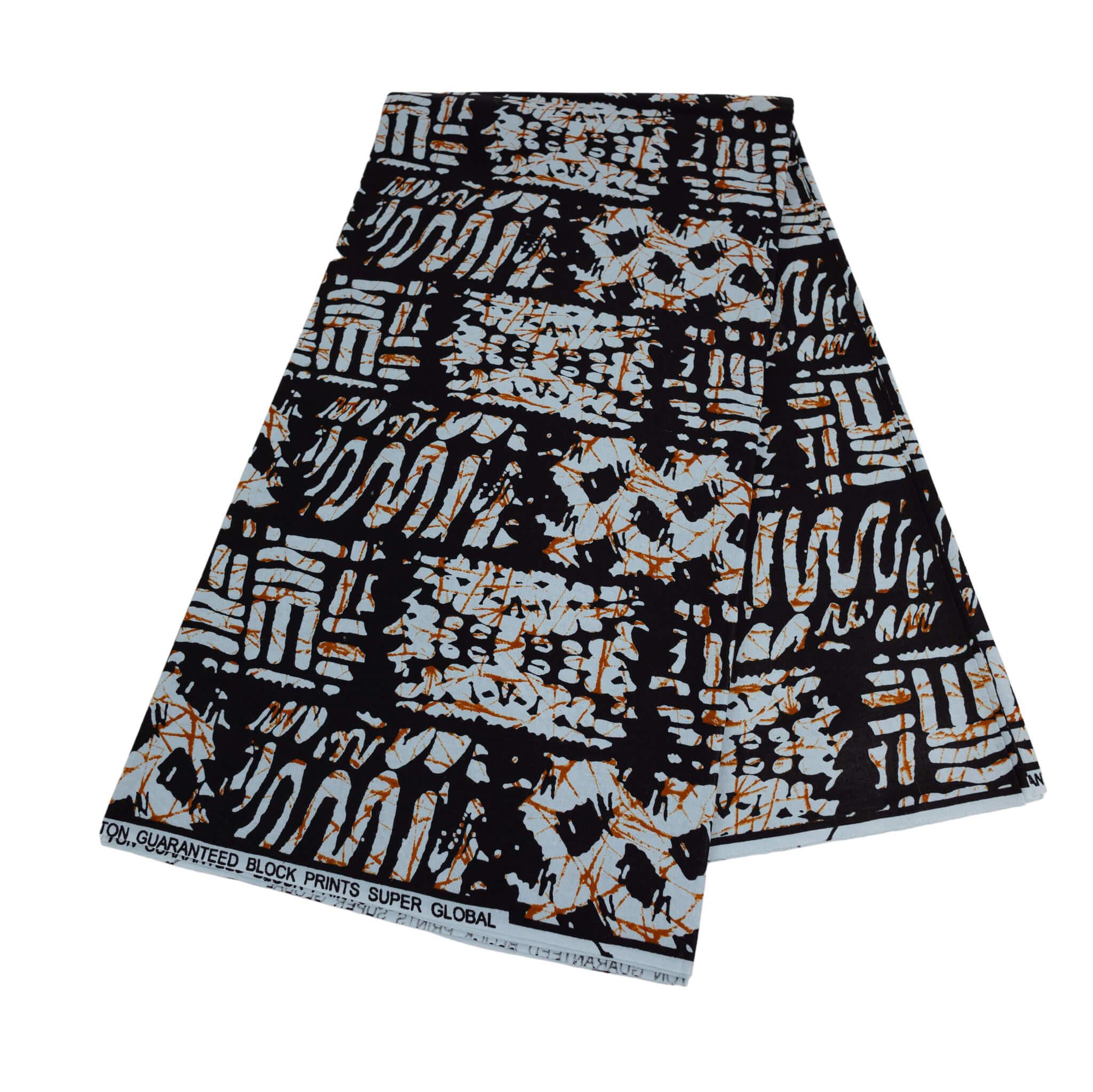 "Glacial Batik" Ice Black & Rust Abstract African Wax Print (Ankara) – 6 Yards