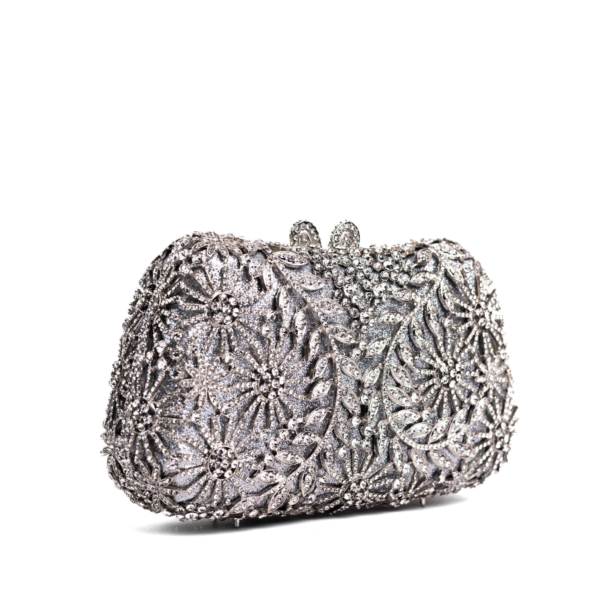 Silver Patterned Rhinestone Clutch Purse