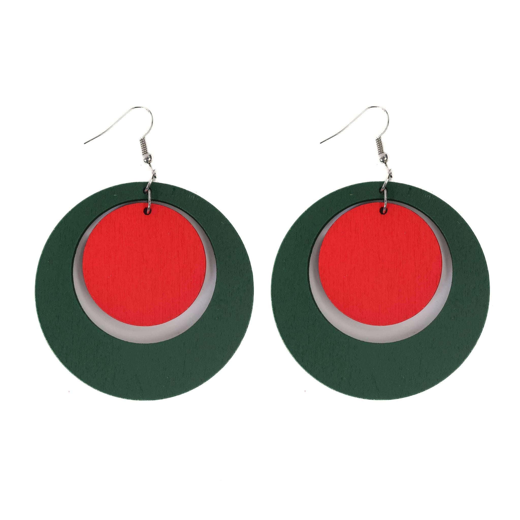 Double Circled Red & Green Wooden Drop Earrings