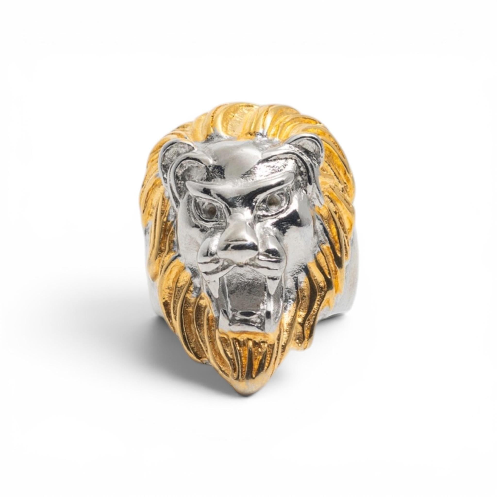 Two-Tone Sculpted Roaring Lion Statement Ring