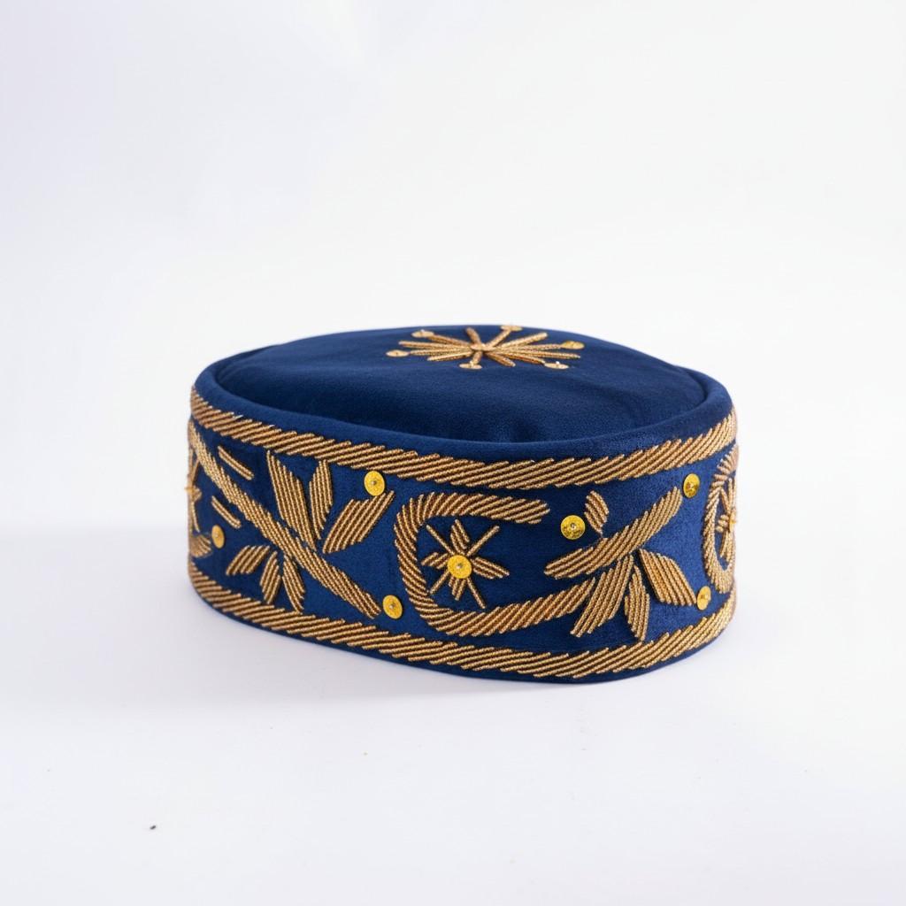 Hand-Beaded Nigerian Blue & Gold Velvet Cap