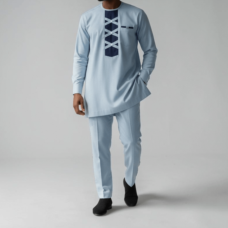 Sky Blue Lattice Panel Men's Linen Senator Set