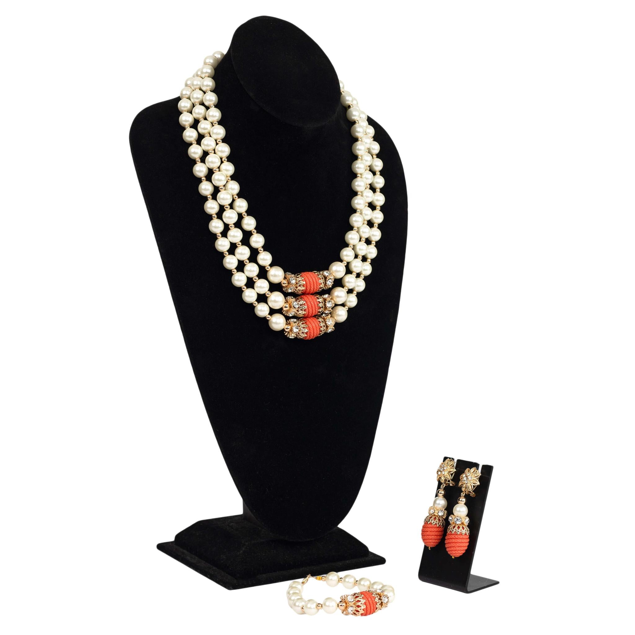 Three-Strand Choker Pearl Women Set with Coral Accents