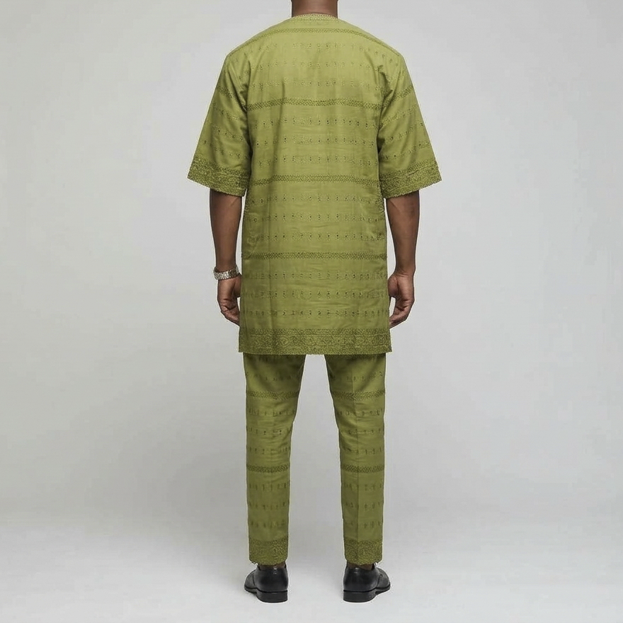Olive Green Eyelet Lace Buba & Sokoto Set