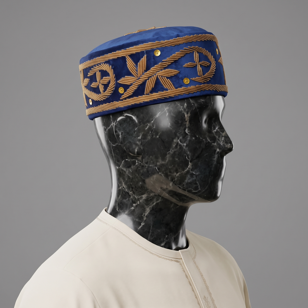 Hand-Beaded Nigerian Blue & Gold Velvet Cap