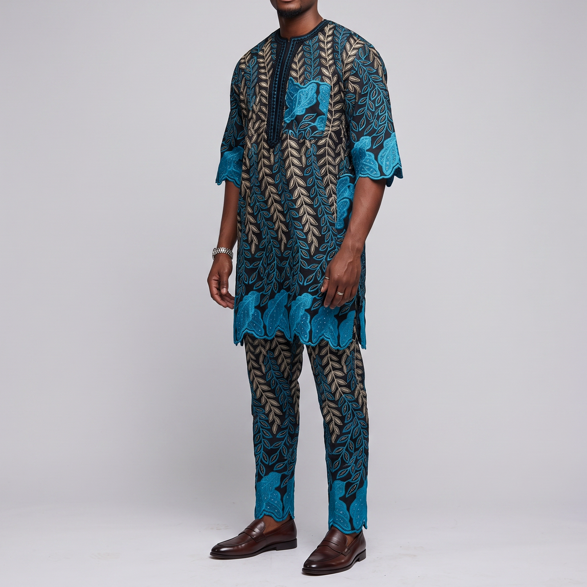 Blue & Gold Leaf-Patterned Buba & Sokoto Set