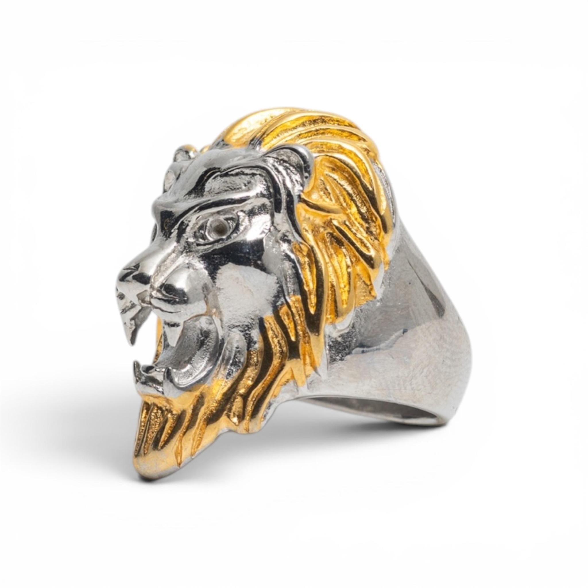 Two-Tone Sculpted Roaring Lion Statement Ring