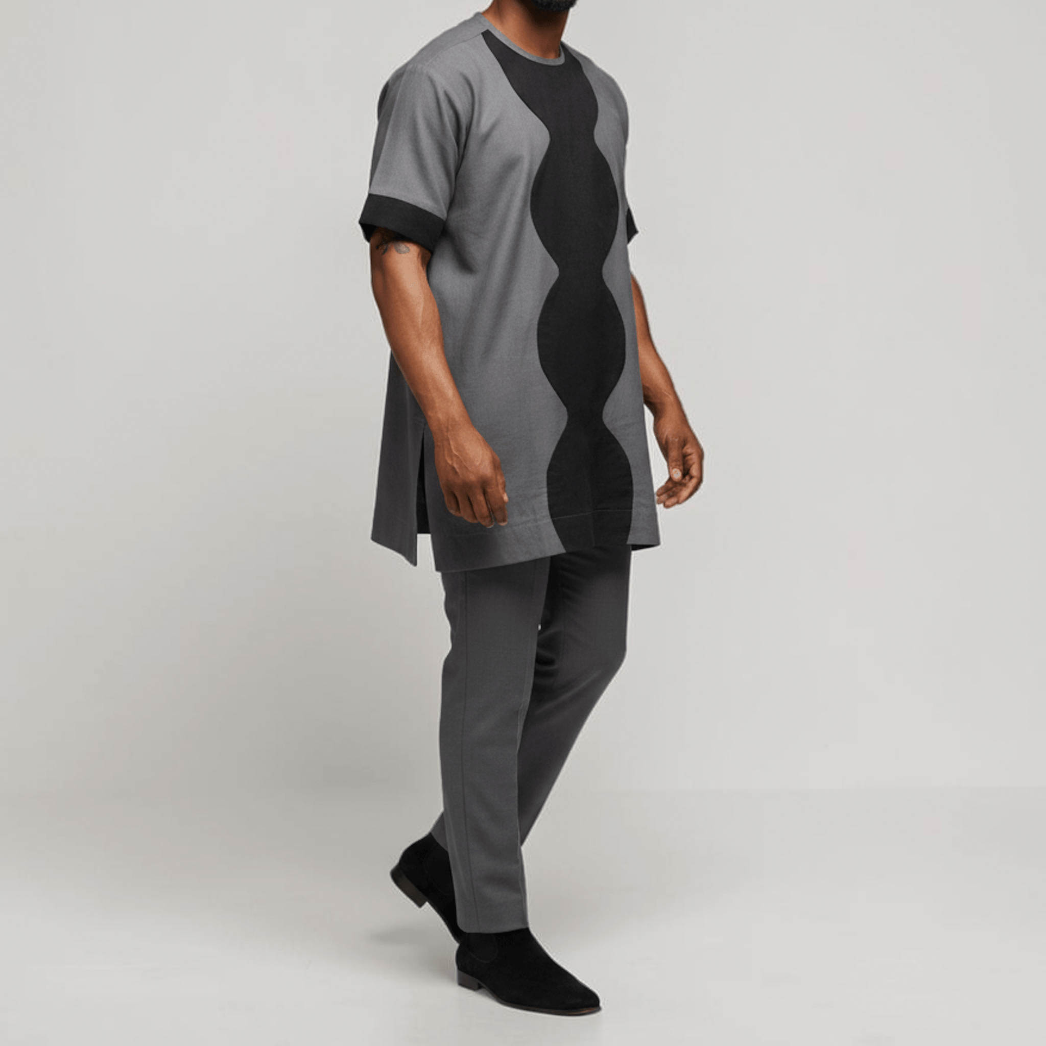 Charcoal Grey Wavy Panel Men's Linen Senator Set