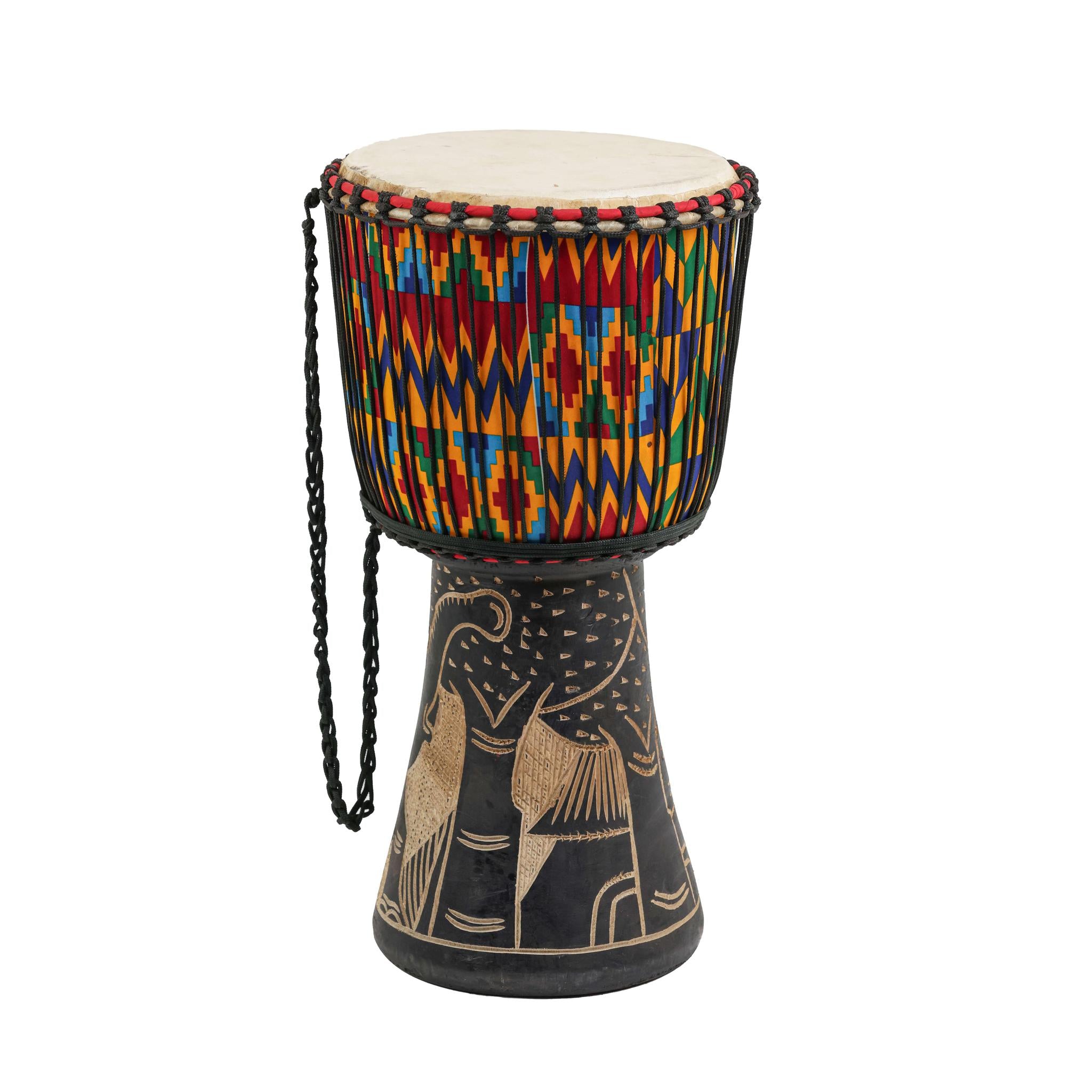Kente Elephant Carving - Djembe Drum - Large