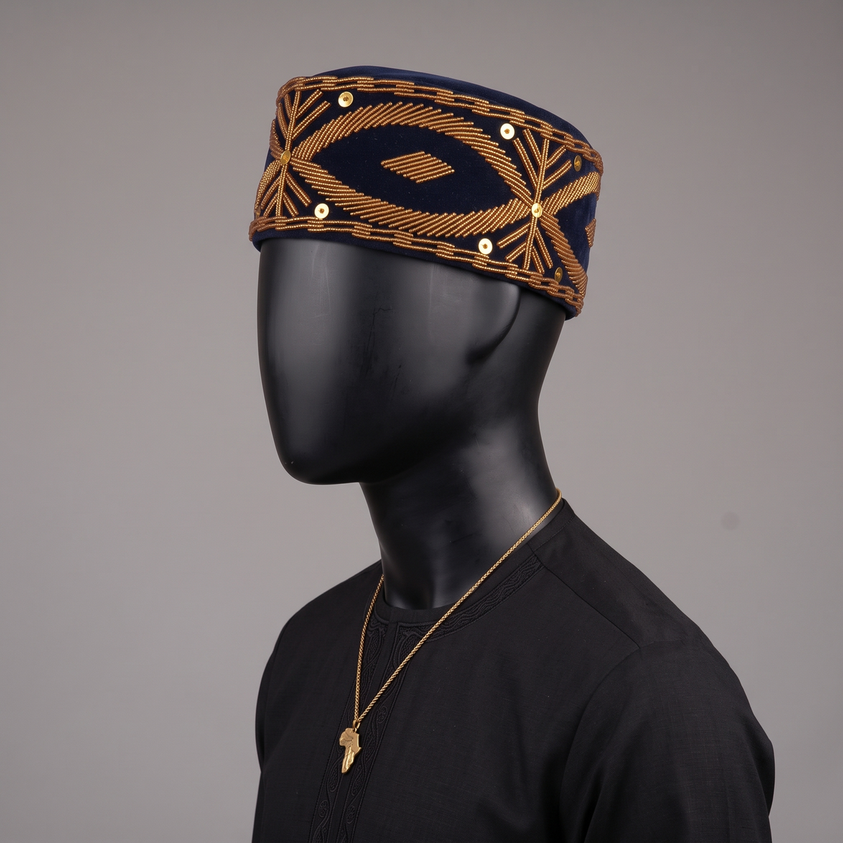 Handcrafted Midnight Navy Velvet Cap with Geometric Gold Beadwork & Sequins