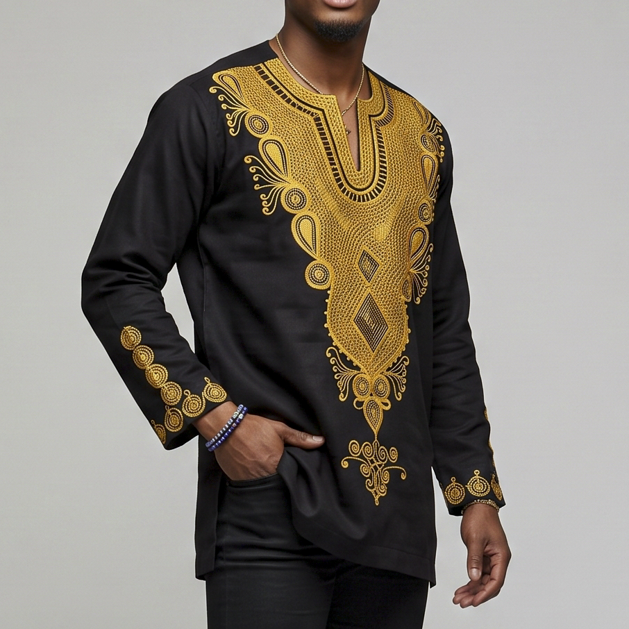 Black & Gold Embroidered African Dashiki Top