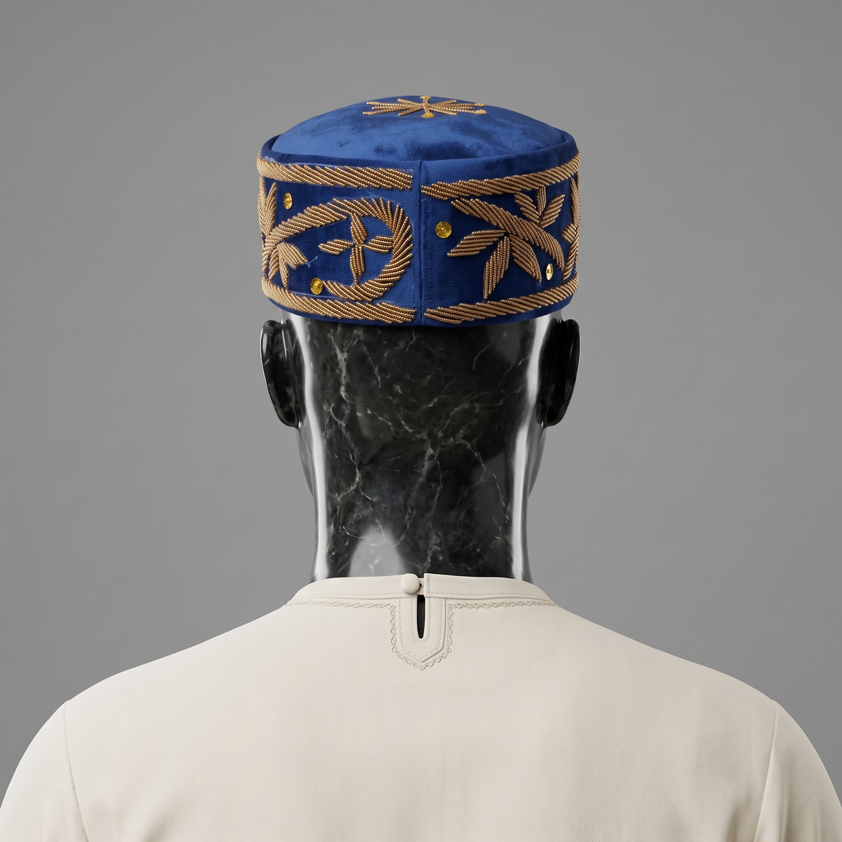 Hand-Beaded Nigerian Blue & Gold Velvet Cap