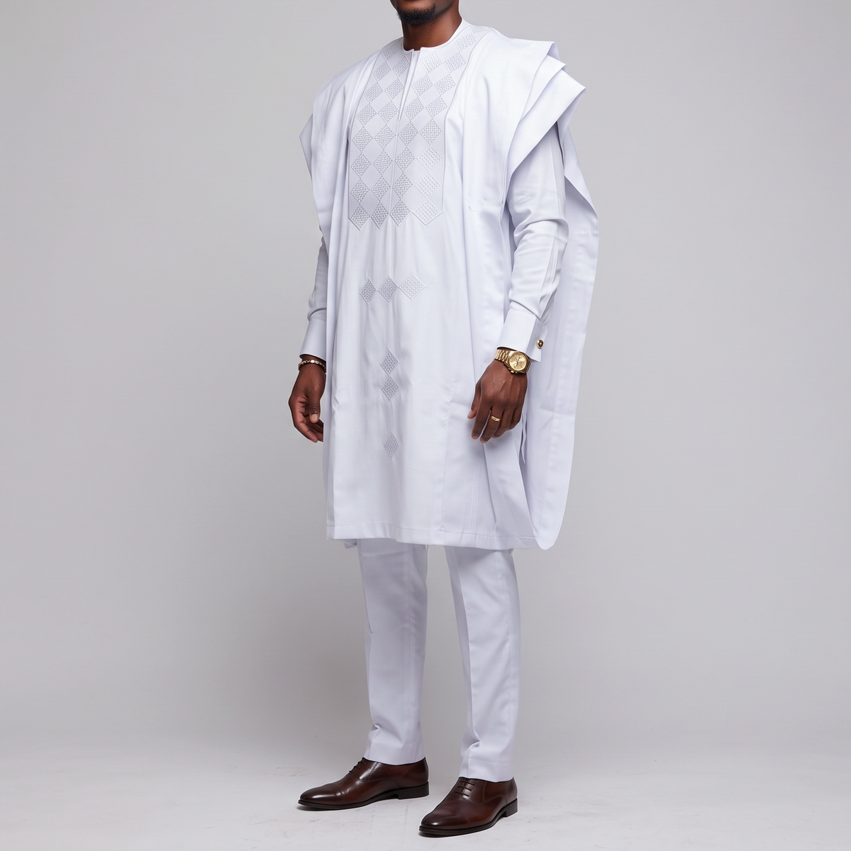 White Modern 3-Piece Embroidered Agbada Suit