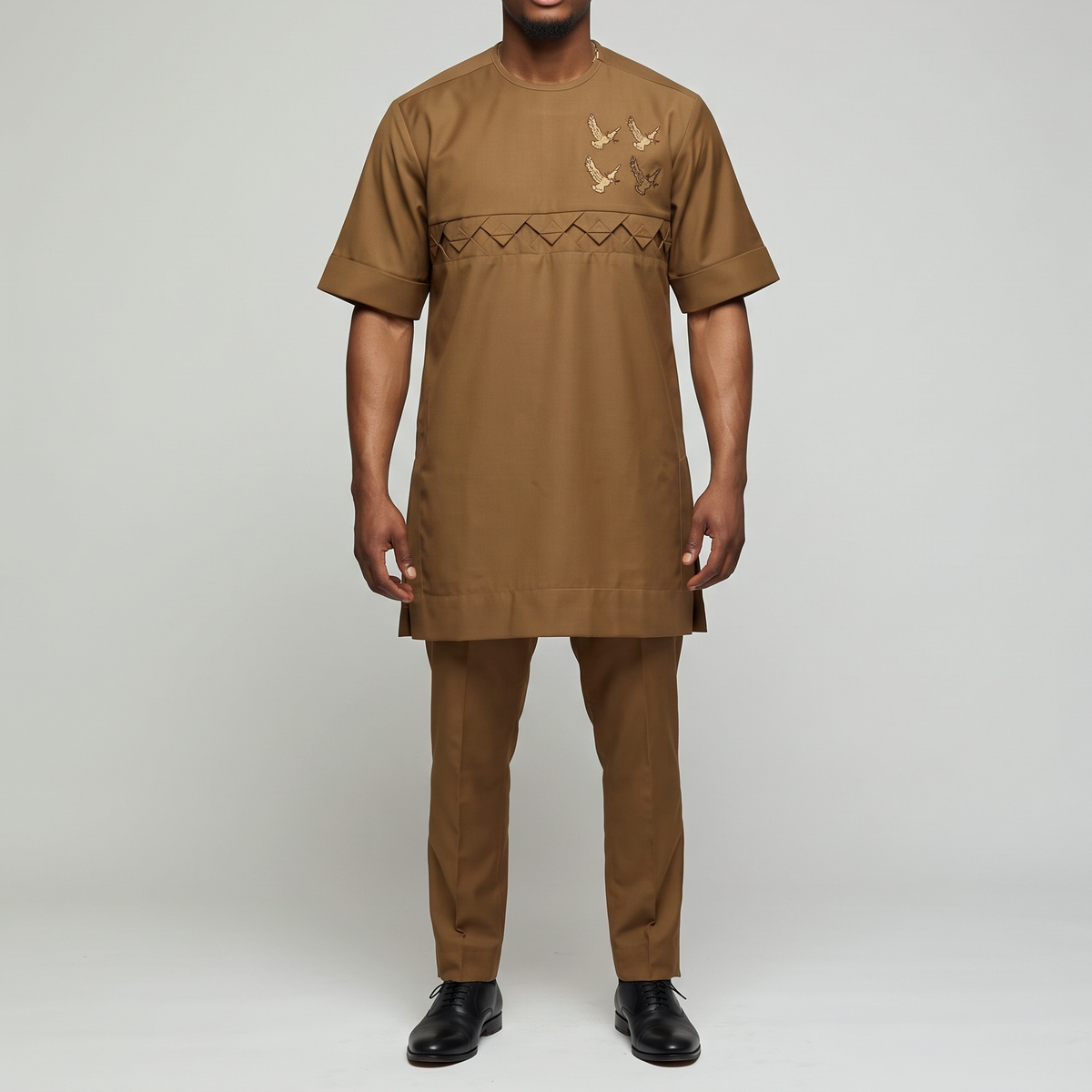 Chestnut Brown Embroidered Men's Cotton Senator Set