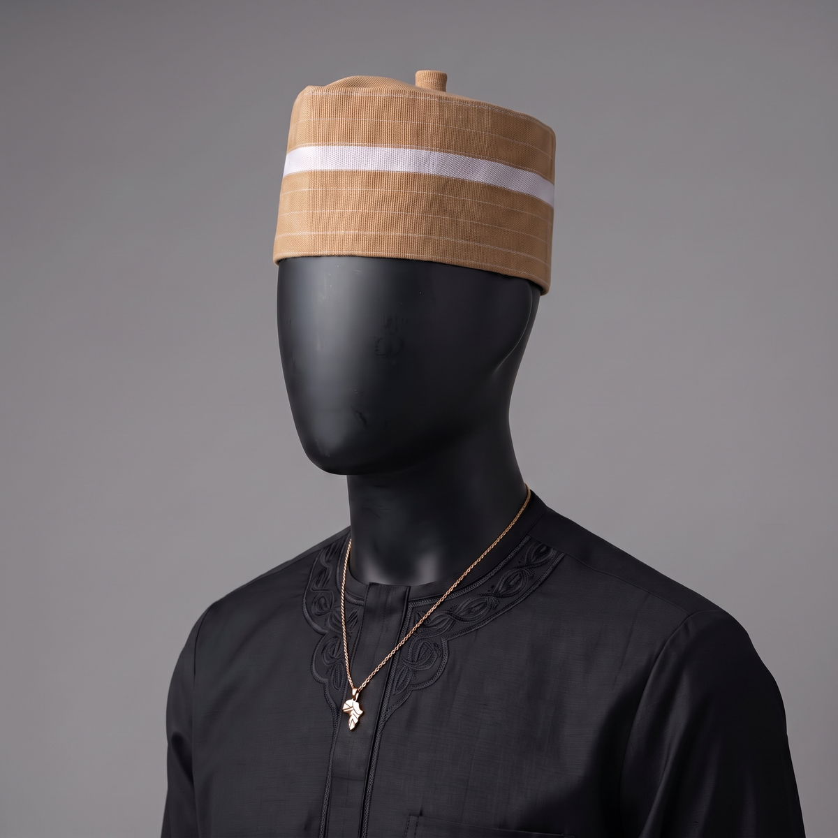 Handcrafted Tan and White (Aso-Oke) Striped Woven Cap with Traditional Top Knot