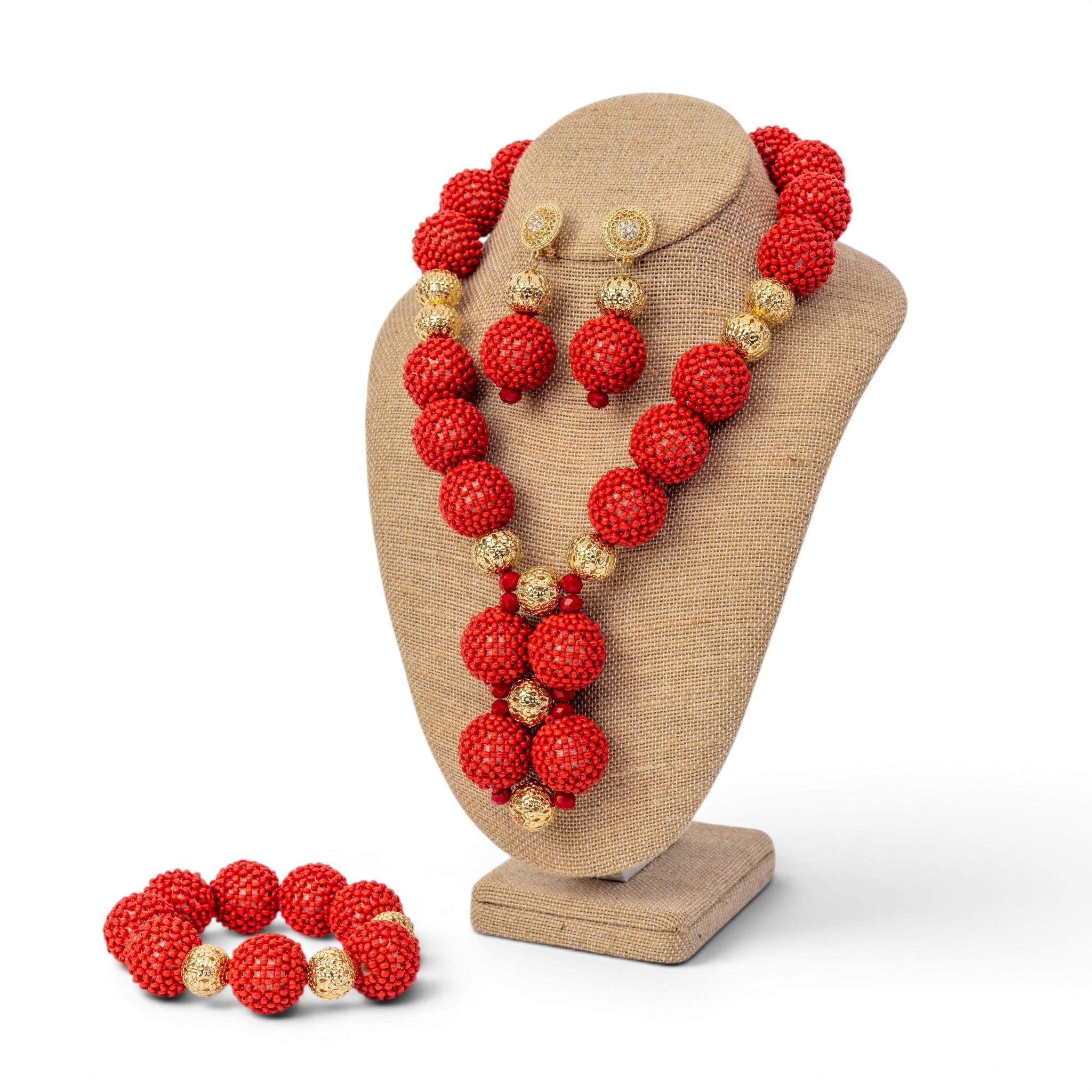 Red Sand Bead Jewelry Set
