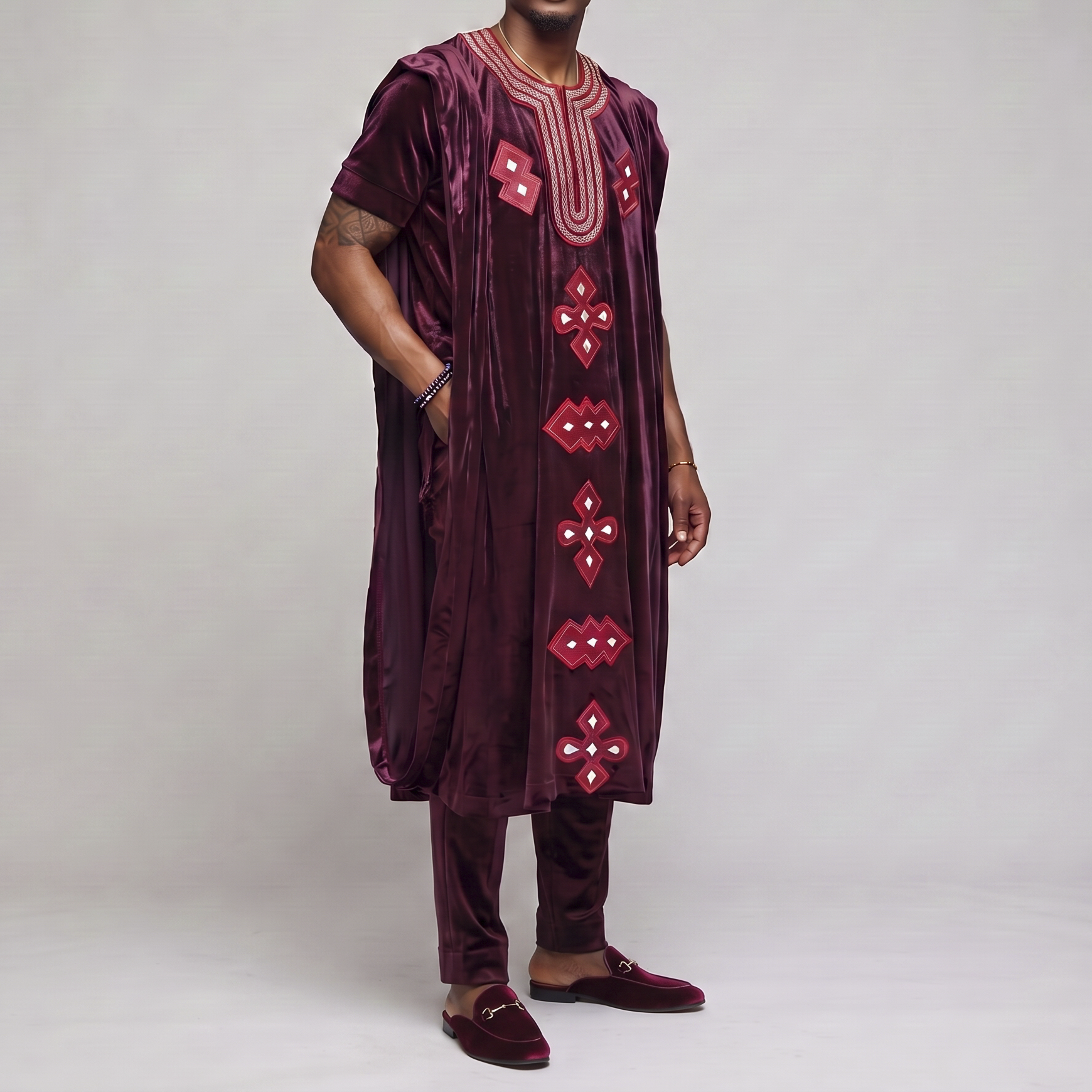 Burgundy Velvet Embroidery Agbada Set