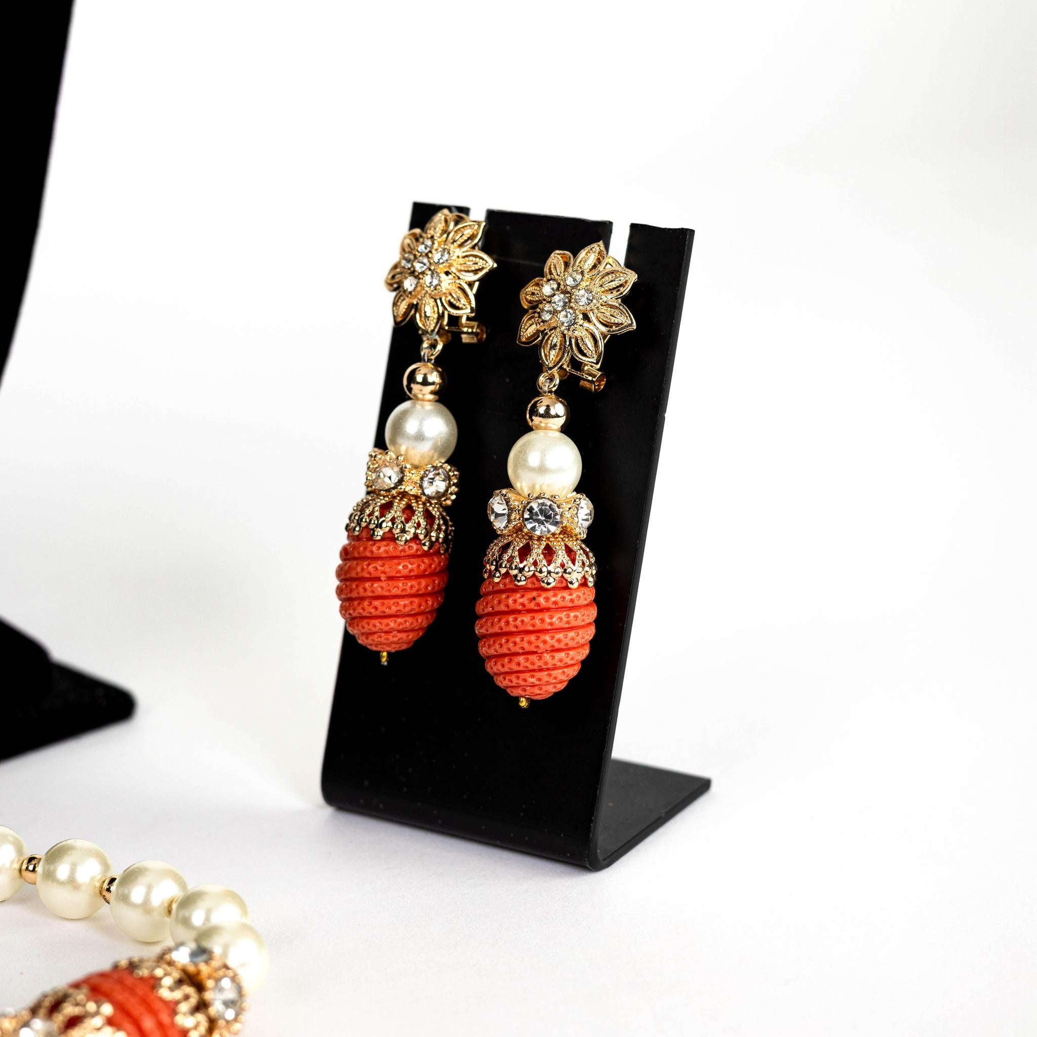 Three-Strand Choker Pearl Women Set with Coral Accents